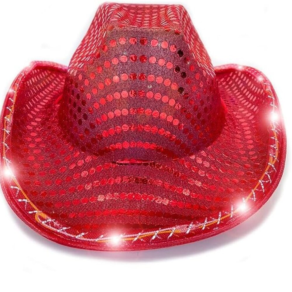 Red Sequin Light Up LED Flashing Cowboy Hat with Sequins LEDS, Cowgirl, Western‎ - Picture 3 of 4